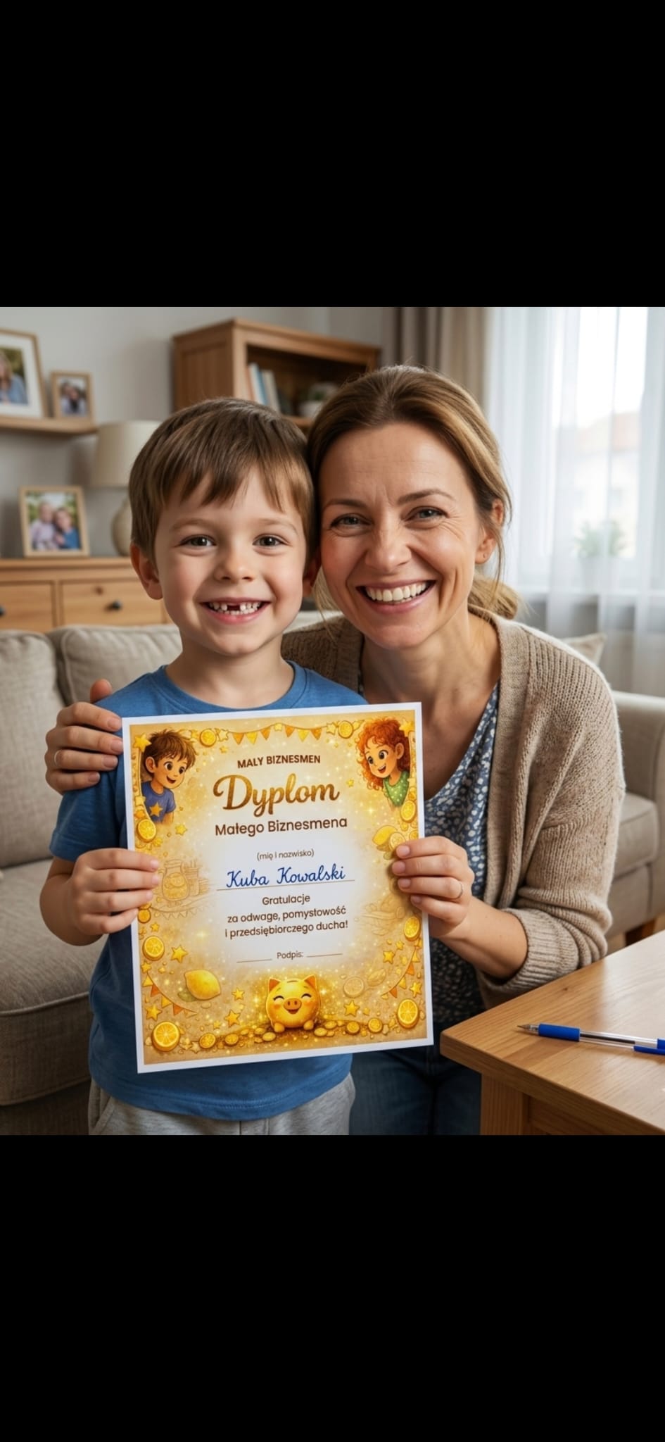 Dziecko trzymające dyplom Małego Biznesmena